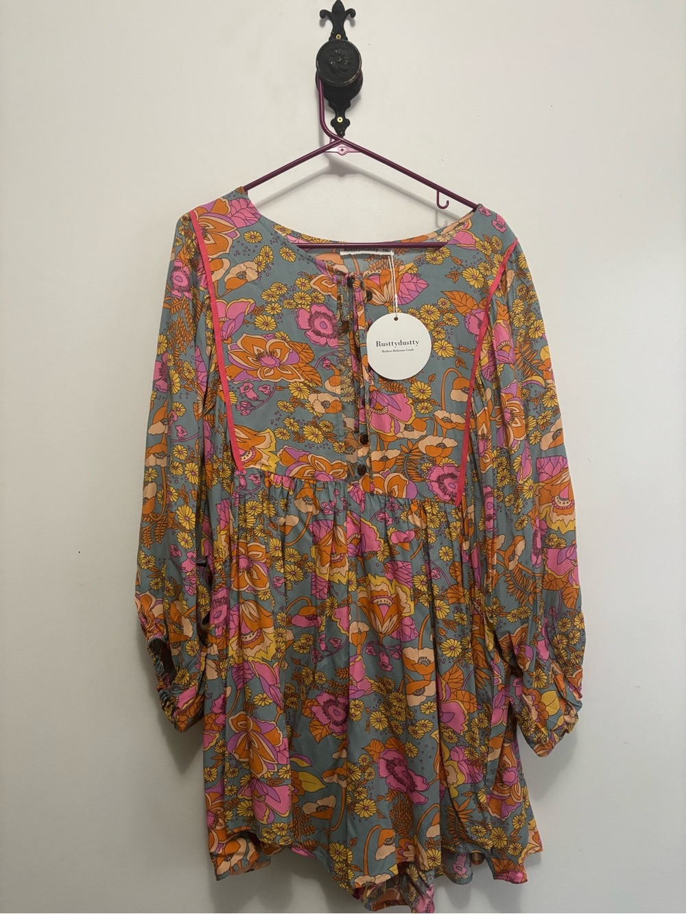 Boho Floral Romper in Gray with Pink & Orange Blooms